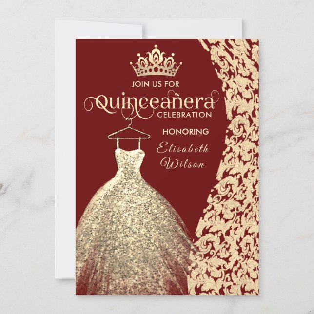 Vintage gold dress damask  tiara Quinceañera red Invitation (Front)