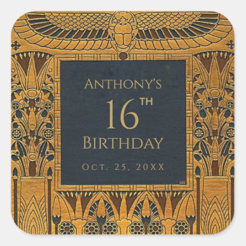 Vintage Gold Egyptian Themed Birthday Elegant Blue Square Sticker