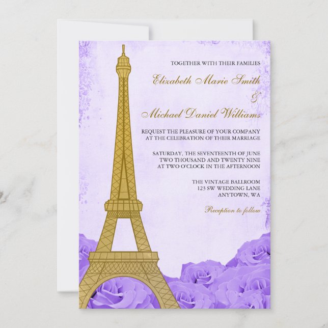 Vintage Gold Eiffel Tower Purple Roses Wedding Invitation (Front)