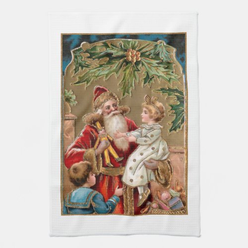 Vintage Gold Embellished Santa with Children Kitchen Towel