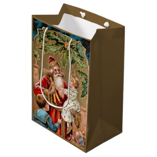 Vintage Gold Embellished Santa with Children Medium Gift Bag