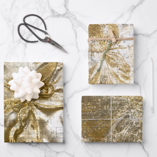 Vintage Gold Embossed Floral Motif White Glitter  Wrapping Paper Sheets