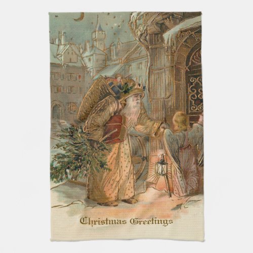 Vintage Gold Father Christmas and Angel Kitchen Towel