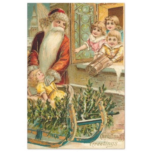 Vintage Gold Father Christmas with Happy Children Tissue Paper
