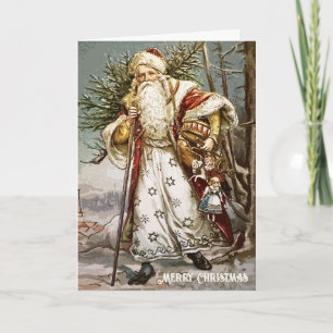 Vintage Gold Father Christmas with Tree and Toys Card
