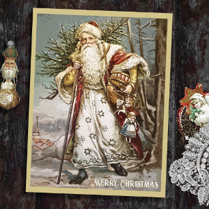 Vintage Gold Father Christmas with Tree and Toys Holiday Postcard