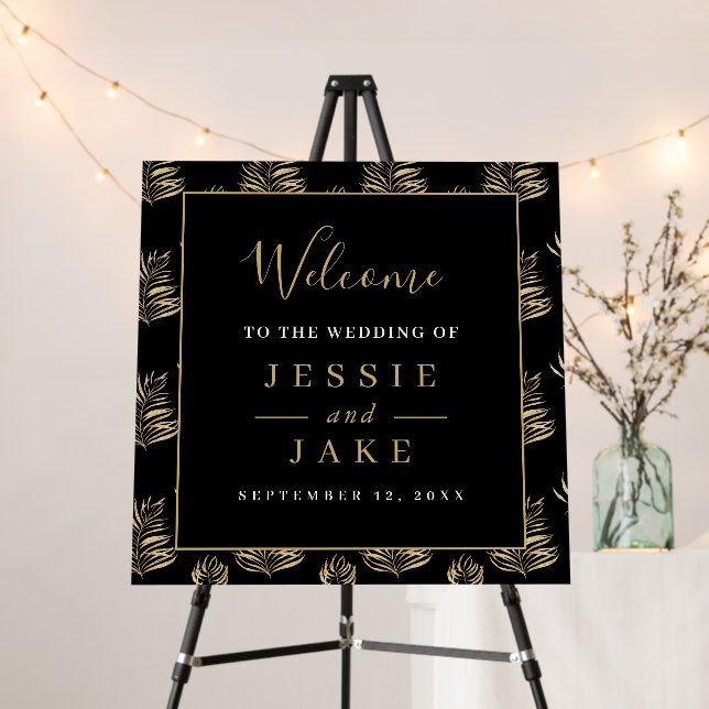 Vintage Gold fern leaf Wedding Welcome sign (In Situ (Stand))