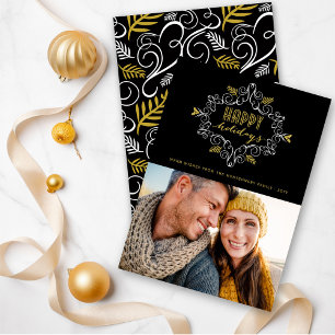 Vintage Gold Festive Foliage Happy Holidays Photo Holiday Card