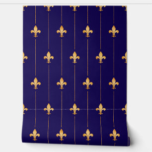 Vintage Gold Fleur-de-Lis (small scale) Dark Blue Wallpaper