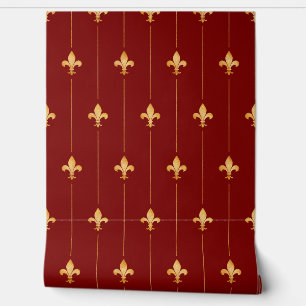 Vintage Gold Fleur-de-Lis (small scale) Dark Red Wallpaper