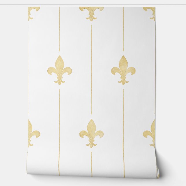 Vintage Gold Fleur-de-Lis White Wallpaper (Unrolling)