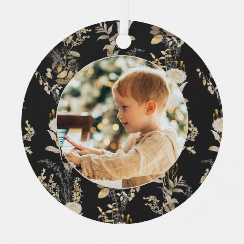 Vintage Gold Floral Black Photo Ornament