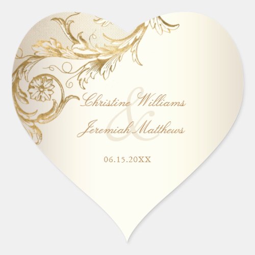 Vintage Gold Floral Damask Elegant Script Wedding Heart Sticker