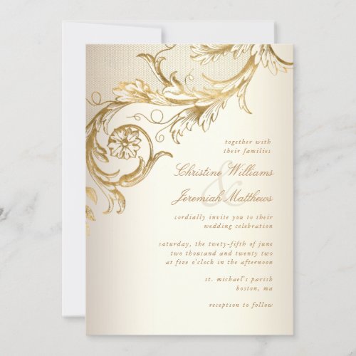 Vintage Gold Floral Damask Elegant Script Wedding Invitation