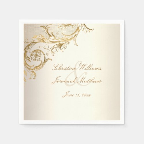 Vintage Gold Floral Damask Elegant Script Wedding Napkins