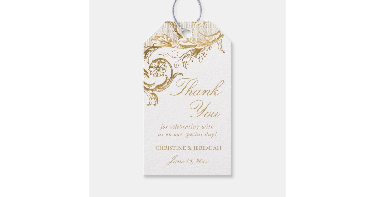 Vintage Gold Floral Damask Name Wedding Thank You Gift Tags | Zazzle
