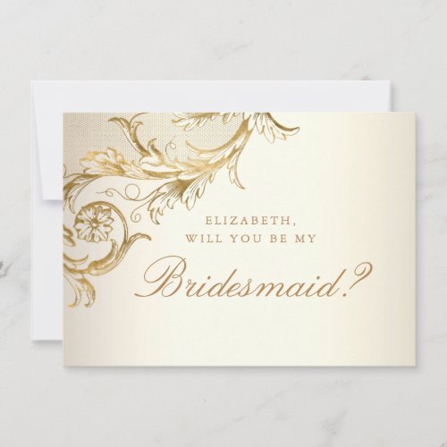 Vintage Gold Floral Damask Script Bridesmaid Invitation