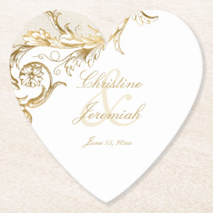 Vintage Gold Floral Damask Script Name Wedding Paper Coaster