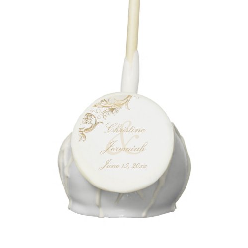 Vintage Gold Floral Damask Script Names Wedding Cake Pops