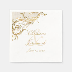 Vintage Gold Floral Damask Script Names Wedding Napkins