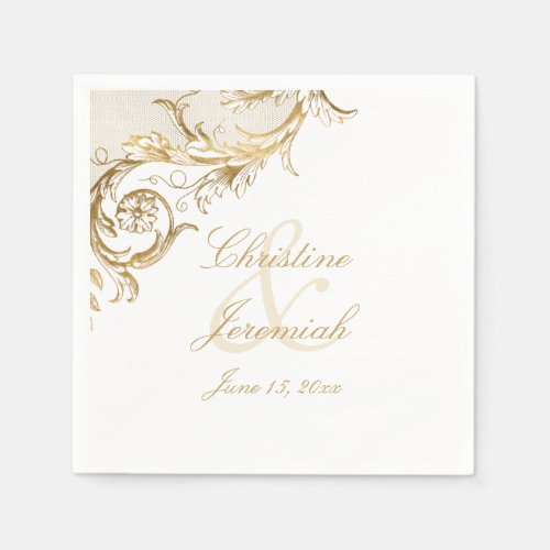 Vintage Gold Floral Damask Script Names Wedding Napkins