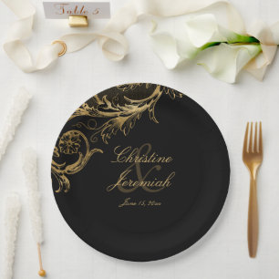Vintage Gold Floral Damask Script Names Wedding Pa Paper Plates