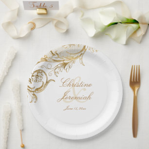 Vintage Gold Floral Damask Script Names Wedding Paper Plates