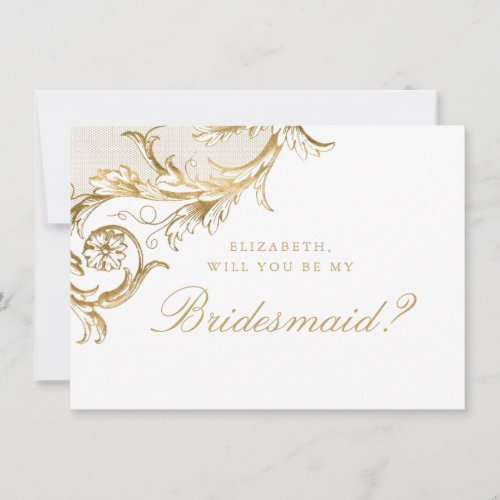 Vintage Gold Floral Damask Script White Bridesmaid Invitation