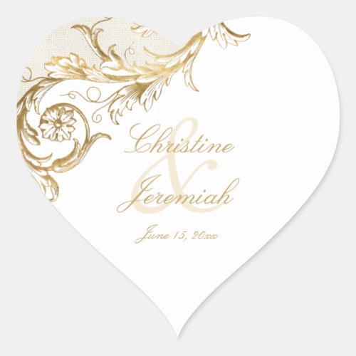 Vintage Gold Floral Damask Script White Wedding He Heart Sticker