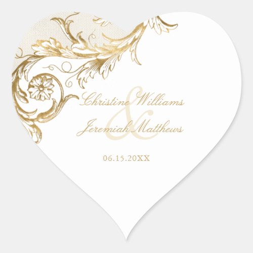 Vintage Gold Floral Damask Script White Wedding Heart Sticker