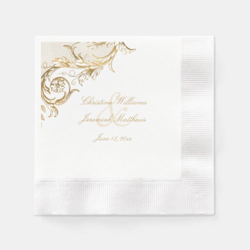 Vintage Gold Floral Damask Script White Wedding Napkins