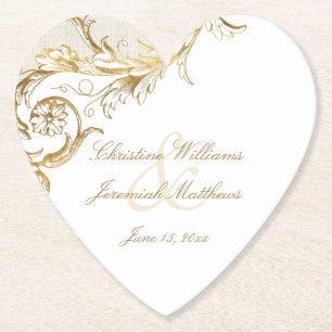 Vintage Gold Floral Damask Script White Wedding Pa Paper Coaster