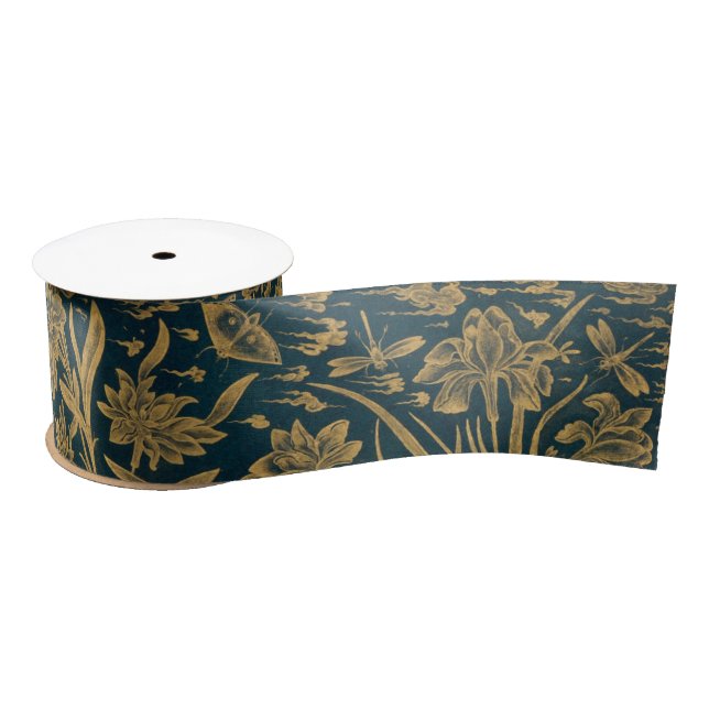 Vintage Gold Floral Dragonfly Dark Blue Satin Ribbon (Spool)