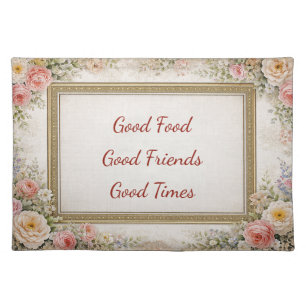 Vintage Gold Floral Frame with Blush Roses Cloth Placemat
