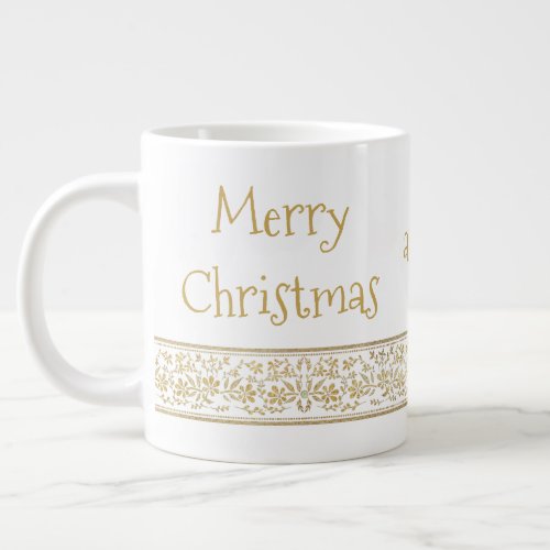 Vintage Gold Floral Merry Christmas New Year Giant Coffee Mug