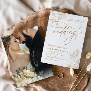 Vintage Gold Floral Modern Script Photo Wedding Invitation