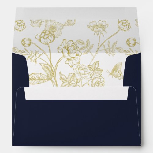 Vintage Gold Floral Navy Blue Wedding Invitation Envelope
