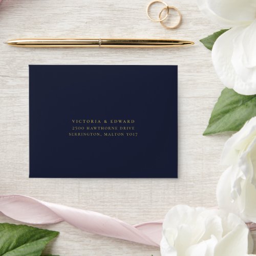 Vintage Gold Floral Navy Blue Wedding RSVP Envelope