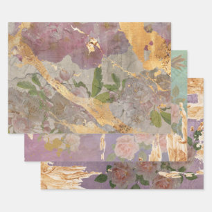 Vintage Gold Floral Newspaper Decoupage Styled Wrapping Paper Sheets