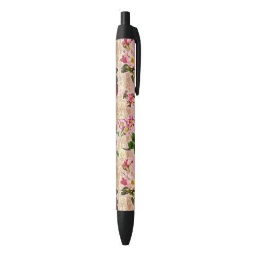 Vintage Gold Floral Pink Roses Damask Black Ink Pen