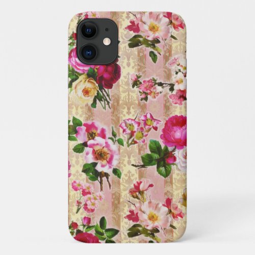 Vintage Gold Floral Pink Roses Damask iPhone 11 Case