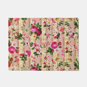 Vintage Gold Floral Pink Roses Damask Doormat