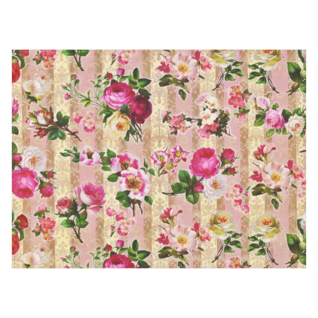 Vintage Gold Floral Pink Roses Damask Tablecloth (Front (Horizontal))