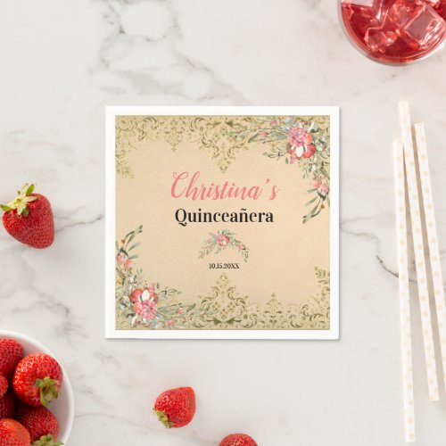 Vintage Gold Floral Quinceaera Birthday  Napkins