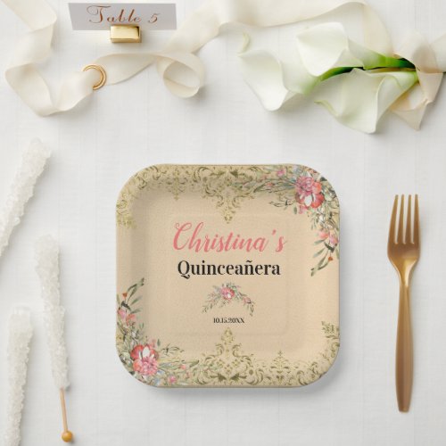 Vintage Gold Floral Quinceaera Birthday Paper Plates