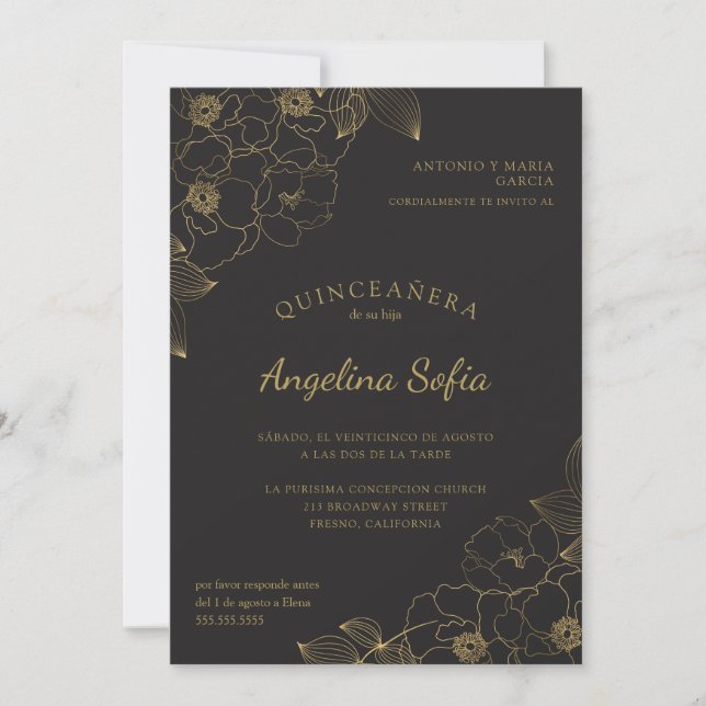 Vintage Gold Floral Quinceanera Invitation (Front)