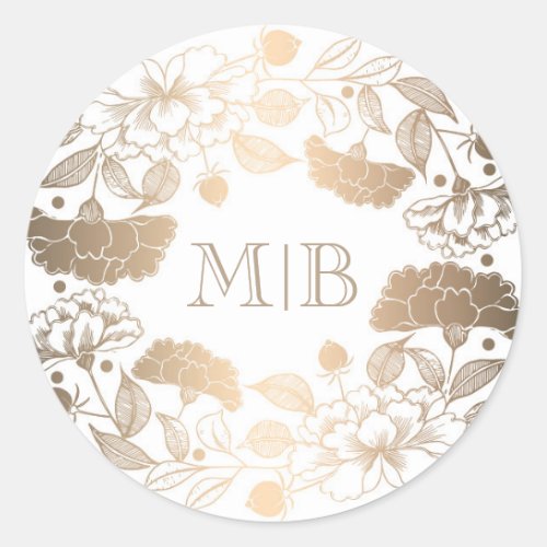 Vintage Gold Floral Wreath Elegant Wedding Classic Round Sticker - Gold peonies - floral wreath elegant monogram wedding sticker