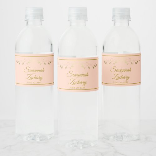 Vintage Gold Flourish Elegant Coral Peach Wedding Water Bottle Label