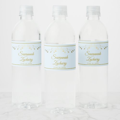 Vintage Gold Flourish Elegant Powder Blue Wedding Water Bottle Label