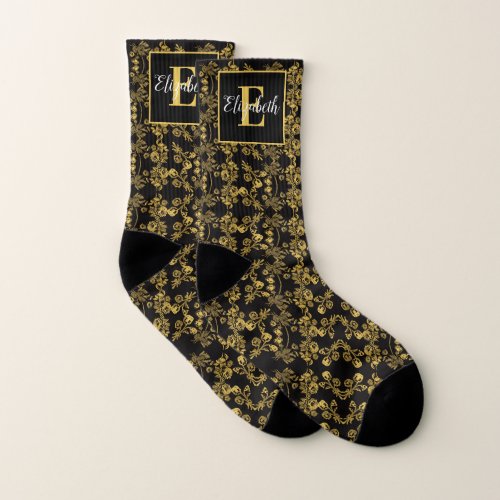 Vintage Gold flower pattern monogrammed on black Socks